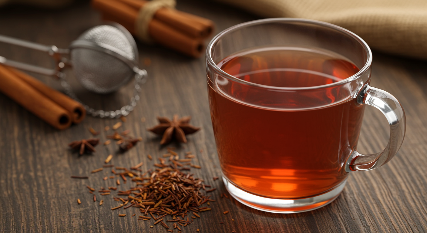 Glass cup filled with rooibos tea on a wooden table, surrounded by loose tea leaves, a tea jar, infuser, and cinnamon stick.