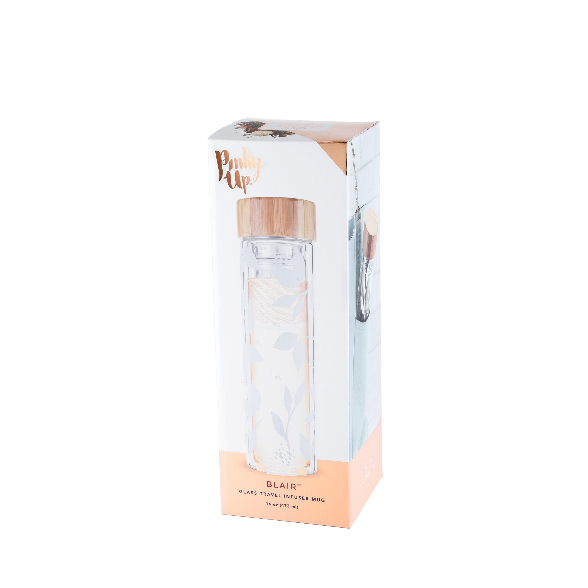 Pinky Up Blair: White Leaf Pattern Glass Travel Infuser Mug