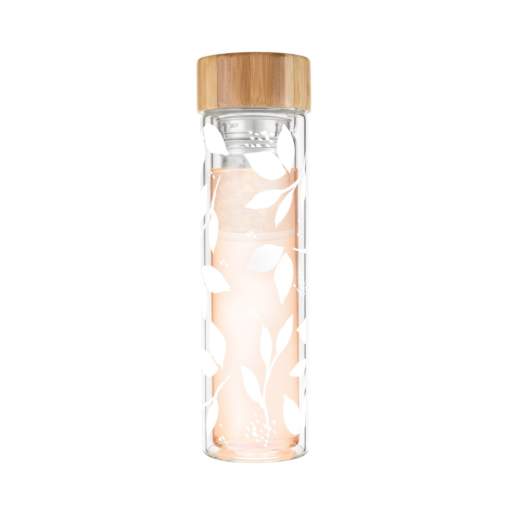 Pinky Up Blair: White Leaf Pattern Glass Travel Infuser Mug